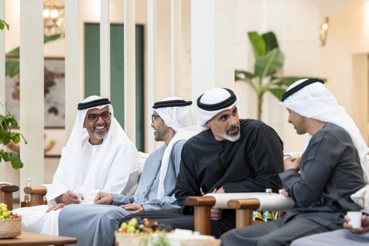 ABU DHABI, UNITED ARAB EMIRATES - September 07, 2025: (L-R) HH Sheikh Hamed bin Zayed Al Nahyan, HH Sheikh Abdullah bin Zayed Al Nahyan, UAE Deputy Prime Minister and Minister of Foreign Affairs, HH Sheikh Khaled bin Mohamed bin Zayed Al Nahyan, Crown Prince of Abu Dhabi and Chairman of Abu Dhabi Executive Council, and HH Sheikh Hamdan bin Mohamed bin Zayed Al Nahyan, Deputy Chairman of the Presidential Court for Special Affairs, attend a meeting with HM King Abdullah II, King of Jordan (not shown), at Shati Palace.   
( Ryan Carter / UAE Presidential Court )
---