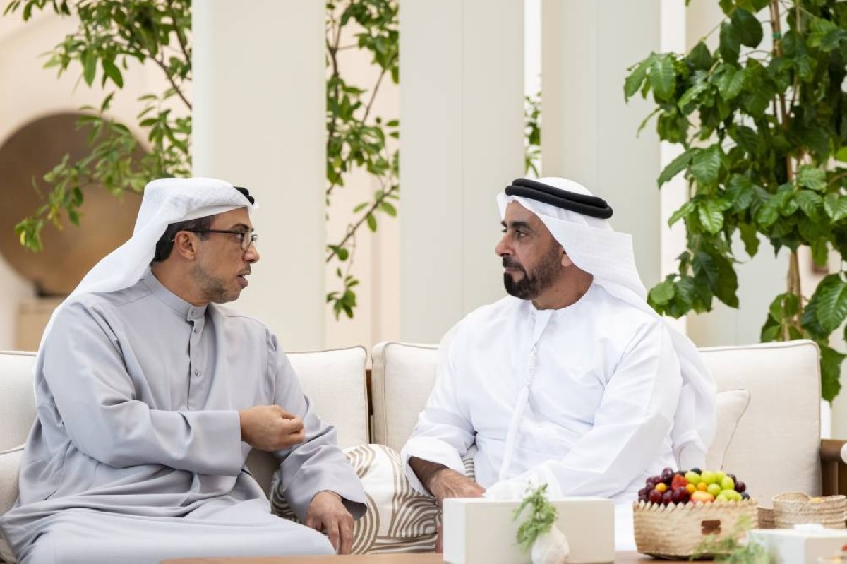 ABU DHABI, UNITED ARAB EMIRATES - September 07, 2025: (L-R) HH Sheikh Mansour bin Zayed Al Nahyan, UAE Vice President and Deputy Prime Minister, and HH Lt General Sheikh Saif bin Zayed Al Nahyan, UAE Deputy Prime Minister and Minister of Interior, attend a meeting with HM King Abdullah II, King of Jordan (not shown), at Shati Palace.   
( Ryan Carter / UAE Presidential Court )
---