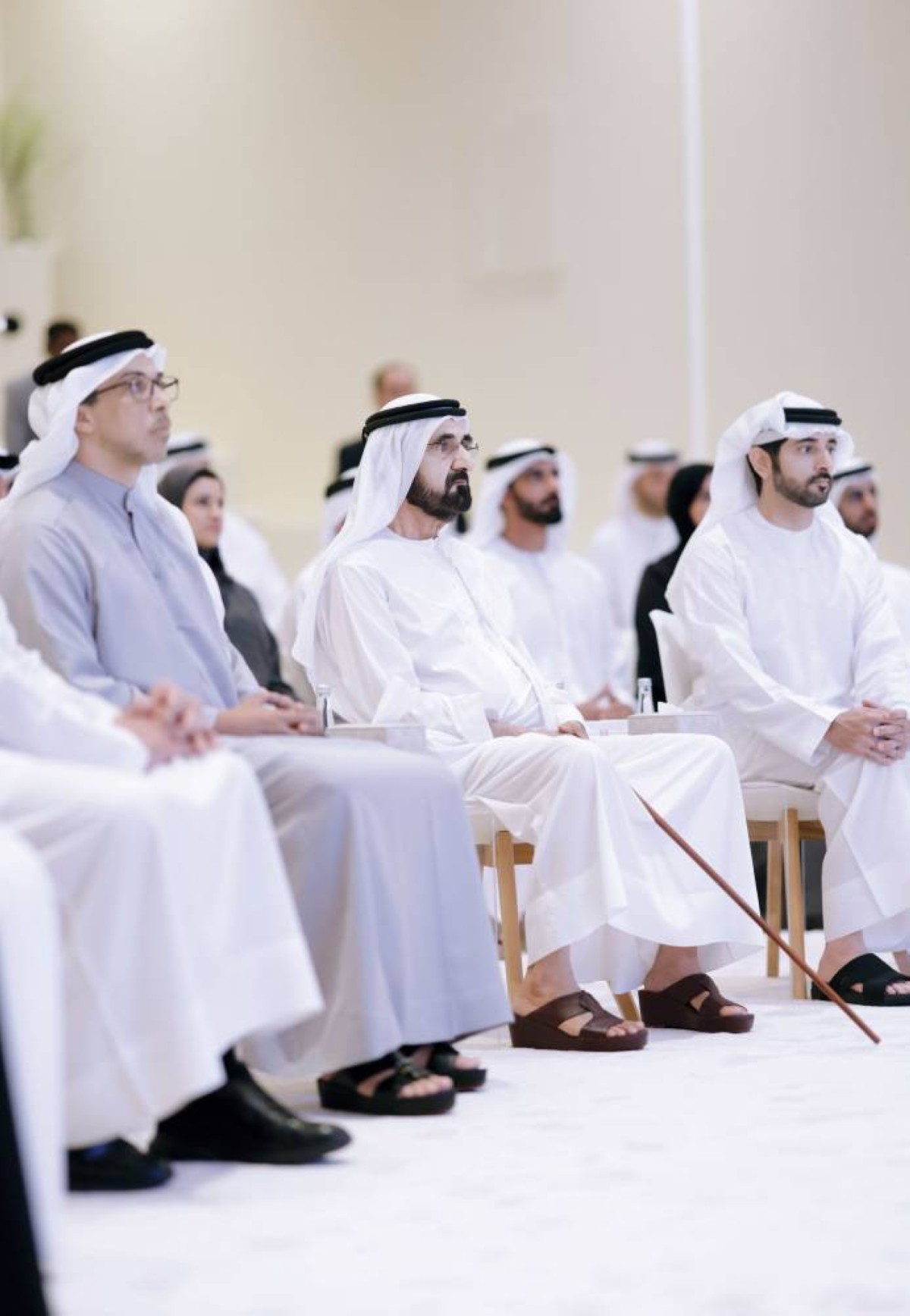 محمد بن راشد يستمع إلى شرح عن المنظومة بحضور منصور بن زايد وحمدان بن محمد