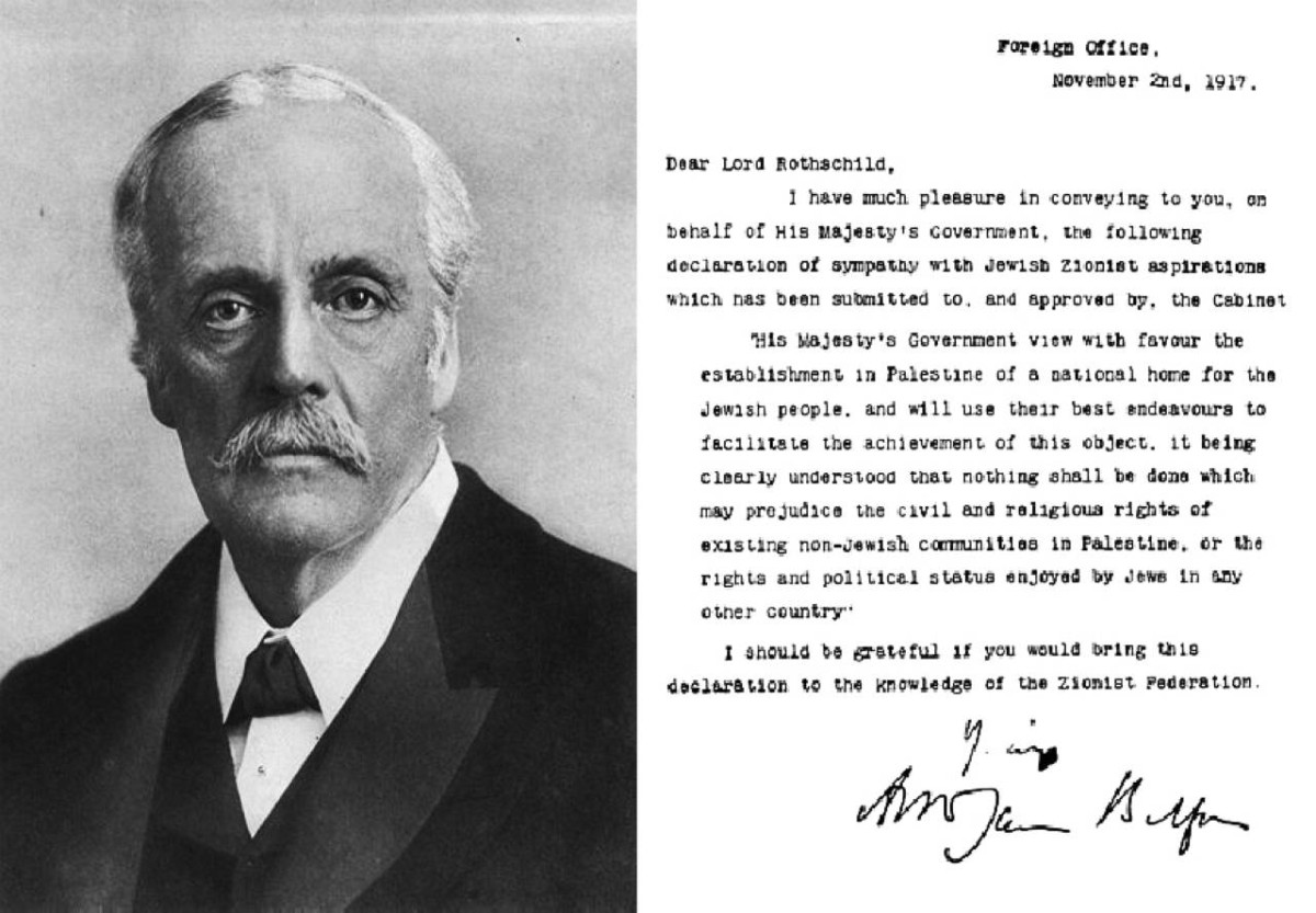 1917 «وعد بلفور».. الحكومة البريطانية تؤيد إنشاء وطن لليهود في فلسطين.
