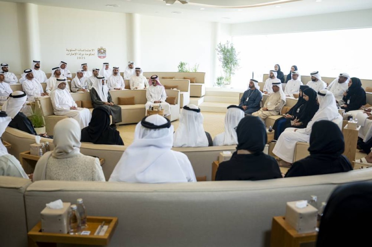 SAADIYAT ISLAND, ABU DHABI, UNITED ARAB EMIRATES - November 06, 2025: HH Sheikh Ammar bin Humaid Al Nuaimi, Crown Prince of Ajman (front R), HH Sheikh Mohamed bin Zayed Al Nahyan, President of the United Arab Emirates (front 2nd R), HH Sheikh Sultan bin Mohamed Al Qasimi, Crown Prince of Sharjah (front 3rd R) and HH Lt General Sheikh Saif bin Zayed Al Nahyan, UAE Deputy Prime Minister and Minister of Interior (front L), attend the “National Family Growth Agenda 2031” session, during the UAE Government Annual meetings 2025, at The St Regis Saadiyat.
( Hamad Al Kaabi / UAE Presidential Court )
---