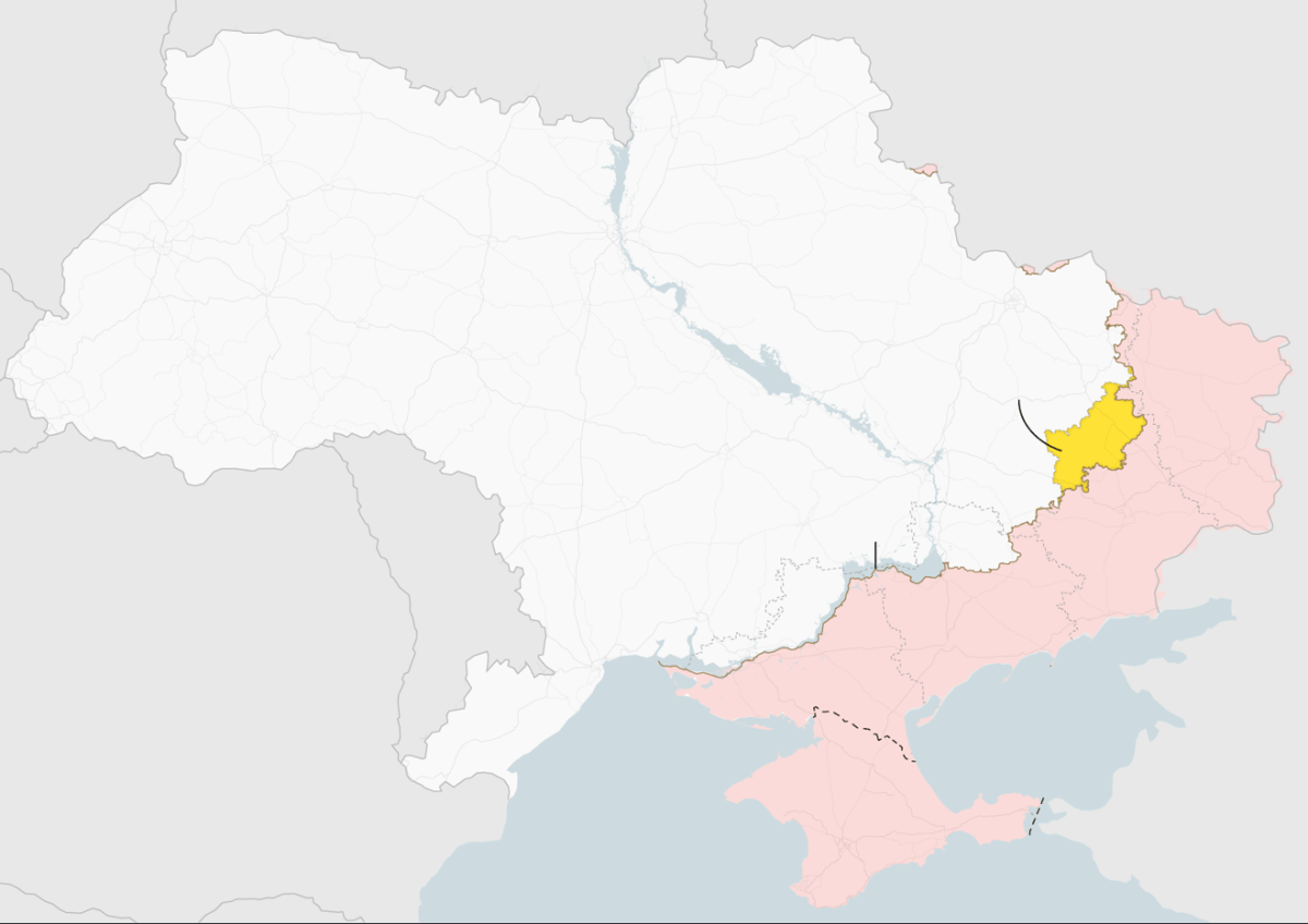 خريطة تظهر الجزء الواقع تحت سيطرة أوكرانيا من دونيتسك (بالأصفر) والجزء الذي تسيطر عليه روسيا   