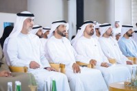 نهيان وعمر بن زايد وذياب بن محمد بن زايد خلال حفل إطلاق الاستراتيجية الجديدة للمؤسسة
