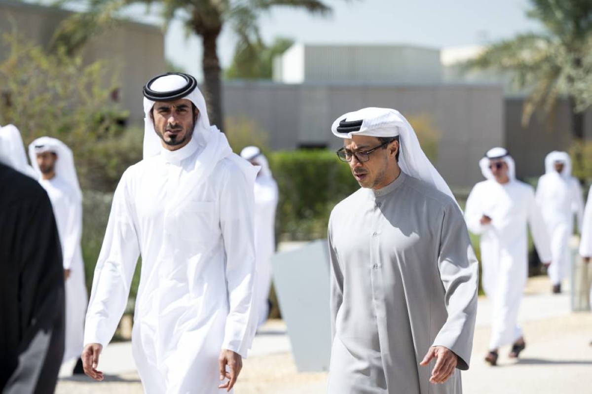 ABU DHABI, UNITED ARAB EMIRATES - February 14, 2026: HH Sheikh Mansour bin Zayed Al Nahyan, UAE Vice President and Deputy Prime Minister (R), speaks with HE Sheikh Khalifa bin Hamad bin Khalifa Al Thani, Minister of the Interior of Qatar (L), prior to a meeting at Erth.
( Abdulla Al Bedwawi / UAE Presidential Court )
---