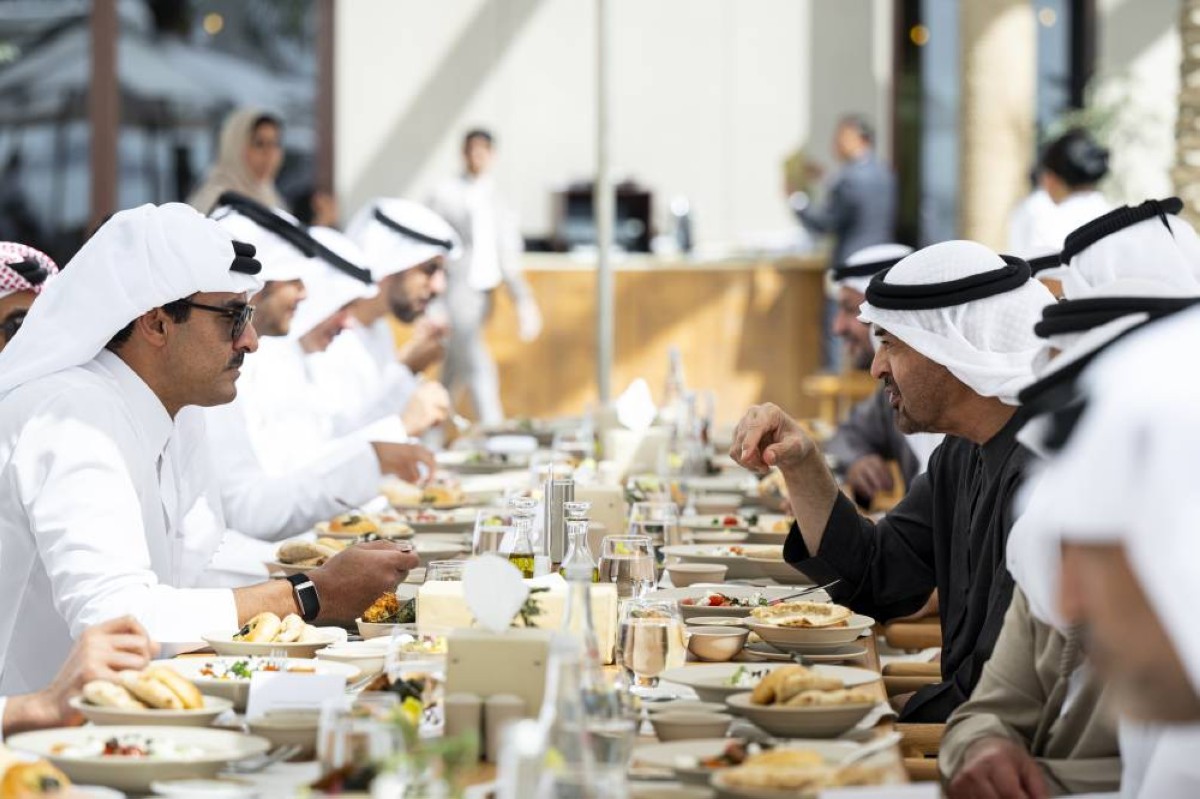ABU DHABI, UNITED ARAB EMIRATES - February 14, 2026: HH Sheikh Mohamed bin Zayed Al Nahyan, President of the United Arab Emirates (R), meets with HH Sheikh Tamim bin Hamad Al Thani, Emir of Qatar (L), at Erth.
( Abdulla Al Bedwawi / UAE Presidential Court )
---