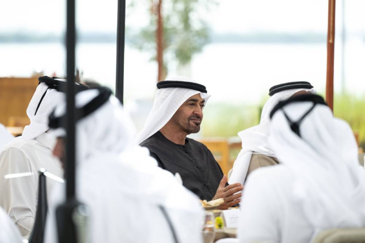 ABU DHABI, UNITED ARAB EMIRATES - February 14, 2026: HH Sheikh Mohamed bin Zayed Al Nahyan, President of the United Arab Emirates (C), meets with HH Sheikh Tamim bin Hamad Al Thani, Emir of Qatar (not shown), at Erth.
( Abdulla Al Bedwawi / UAE Presidential Court )
---