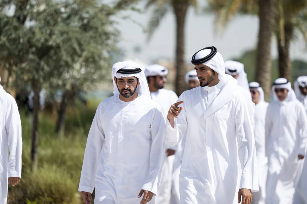 ABU DHABI, UNITED ARAB EMIRATES - February 14, 2026: HH Sheikh Hamdan bin Mohamed Al Maktoum, Crown Prince of Dubai, UAE Deputy Prime Minister and Minister of Defence (L), speaks with HE Sheikh Khalifa bin Hamad bin Khalifa Al Thani, Minister of the Interior of Qatar (R), during a meeting at Erth.
( Abdulla Al Bedwawi / UAE Presidential Court )
---