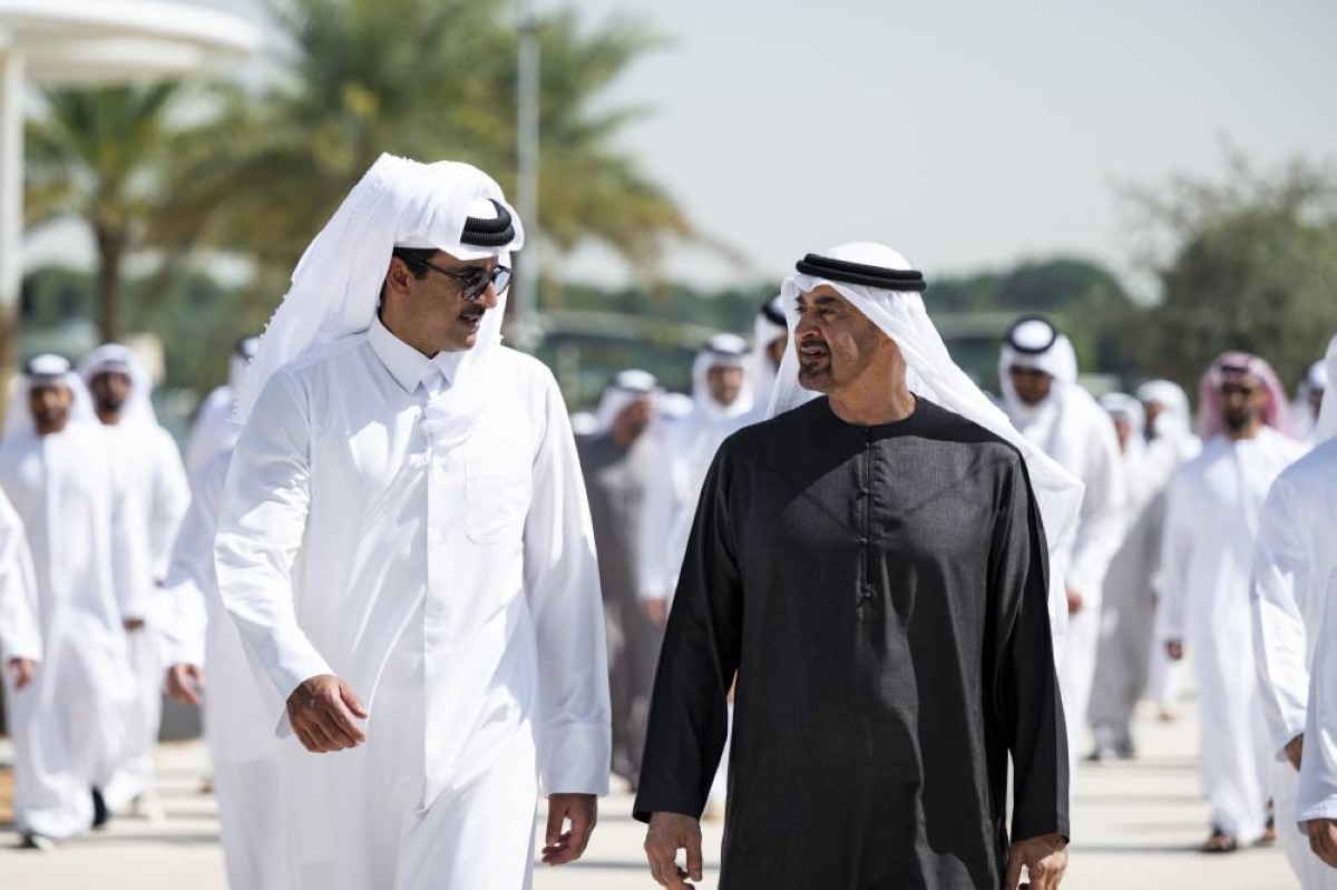 ABU DHABI, UNITED ARAB EMIRATES - February 14, 2026: HH Sheikh Mohamed bin Zayed Al Nahyan, President of the United Arab Emirates (R), receives HH Sheikh Tamim bin Hamad Al Thani, Emir of Qatar (L), at Erth.
( Abdulla Al Bedwawi / UAE Presidential Court )
---