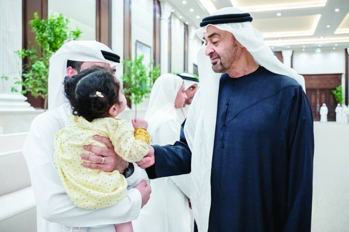 ABU DHABI, UNITED ARAB EMIRATES - February 25, 2026: HH Sheikh Mohamed bin Zayed Al Nahyan, President of the United Arab Emirates (R), greets patients and donors at the Abu Dhabi Stem Cells Centre during an Iftar reception, at Al Bateen Palace. 

( Omar Al Askar / UAE Presidential Court )
---