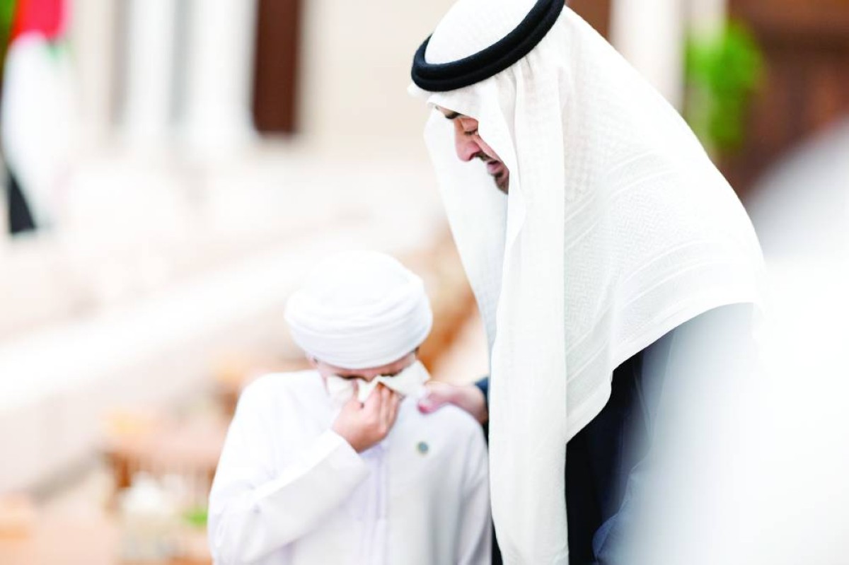 ABU DHABI, UNITED ARAB EMIRATES - February 25, 2026: HH Sheikh Mohamed bin Zayed Al Nahyan, President of the United Arab Emirates (R), speaks with patients and donors at the Abu Dhabi Stem Cells Centre during an Iftar reception, at Al Bateen Palace

( Ryan Carter / UAE Presidential Court )
---