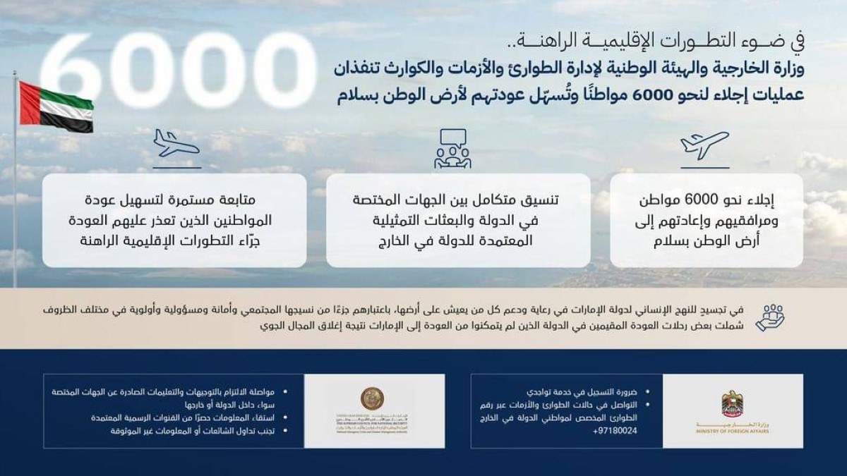 الإمارات.. إجلاء 6000 مواطن وتسريع عودتهم للوطن بسلام