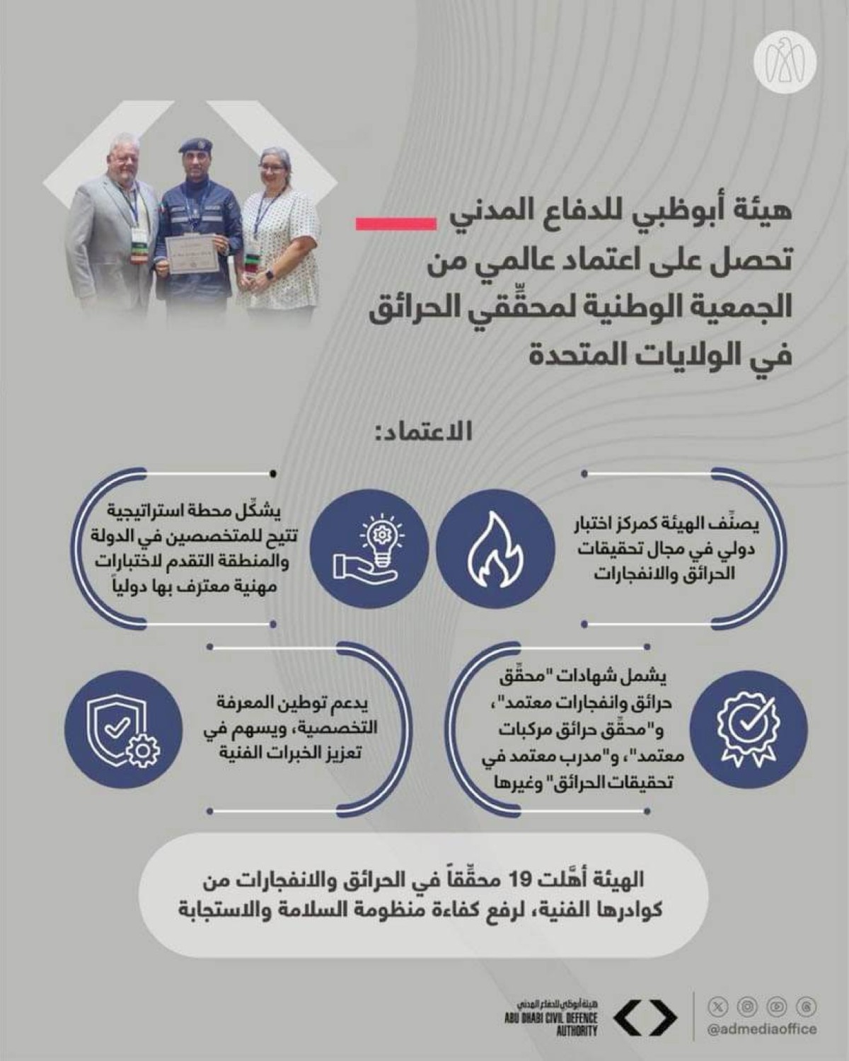 اعتماد دولي للدفاع المدني بأبوظبي في تحقيقات الحرائق
