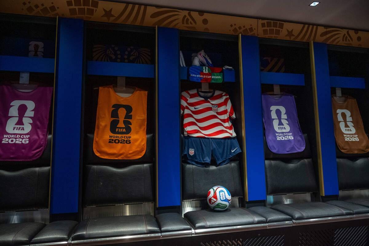 The Kansas City Chiefs locker room has changed into a soccer locker room at Kansas City Stadium, on Monday, June 8, 2026. The stadium is preparing for World Cup matches beginning next week.