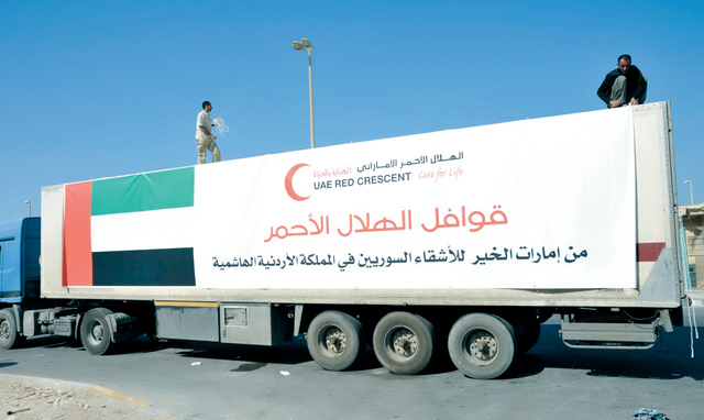 الصورة : وصول المساعدات الاماراتية للاجئين 	البيان