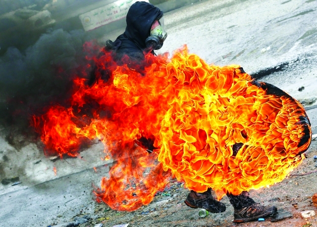 الصورة : متظاهر يلقي الإطارات المشتعلة خلال اشتباكات عند حاجز قلنديا 	 أ.ف.ب