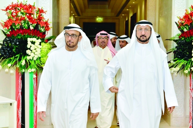الصورة : محمد المري وسلطان السويدي لدى وصولهما إلى إقامة دبي لحضور الاحتفال
