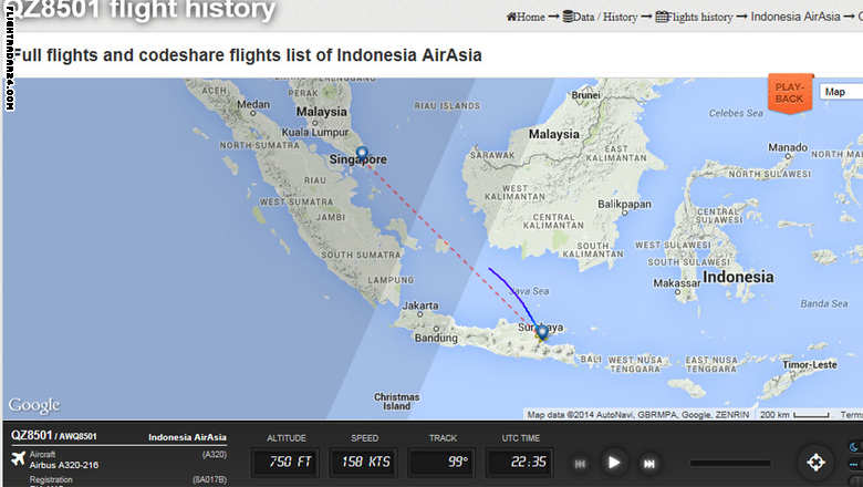 الصورة : رحلة طيران آسيا التي غادرت مطار سورابايا في اندونيسيا صباح الأحد وكان من المفترض أن تهبط في مطار شانغي في سنغافورة