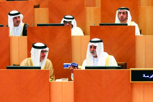 الصورة : نهيان بن مبارك وأنور قرقاش خلال حضور مناقشات المجلس الوطني