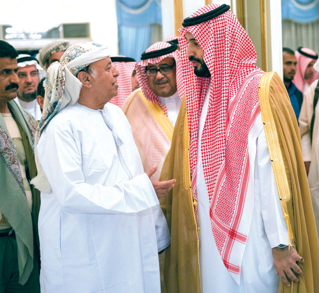 الصورة : هادي في الرياض في حديث مع وزير الدفاع السعودي واس