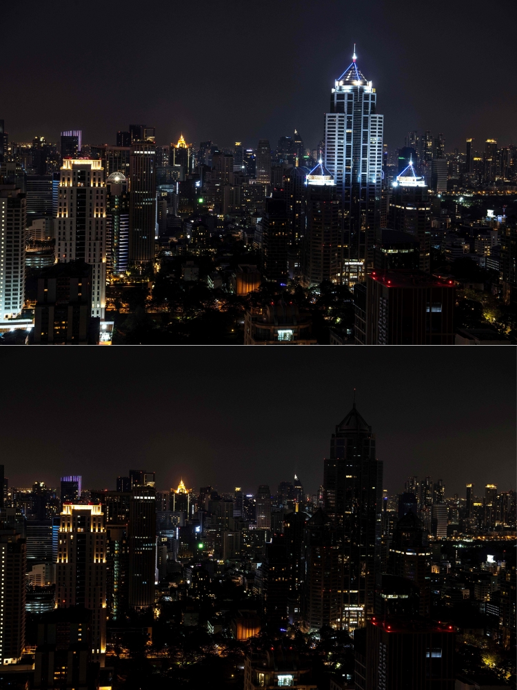 الصورة : صورة تظهر أبرز معالم بانكوك قبل وبعد إطفاء الأنوار أثناء فعالية ساعة الأرض / أ.ف.ب