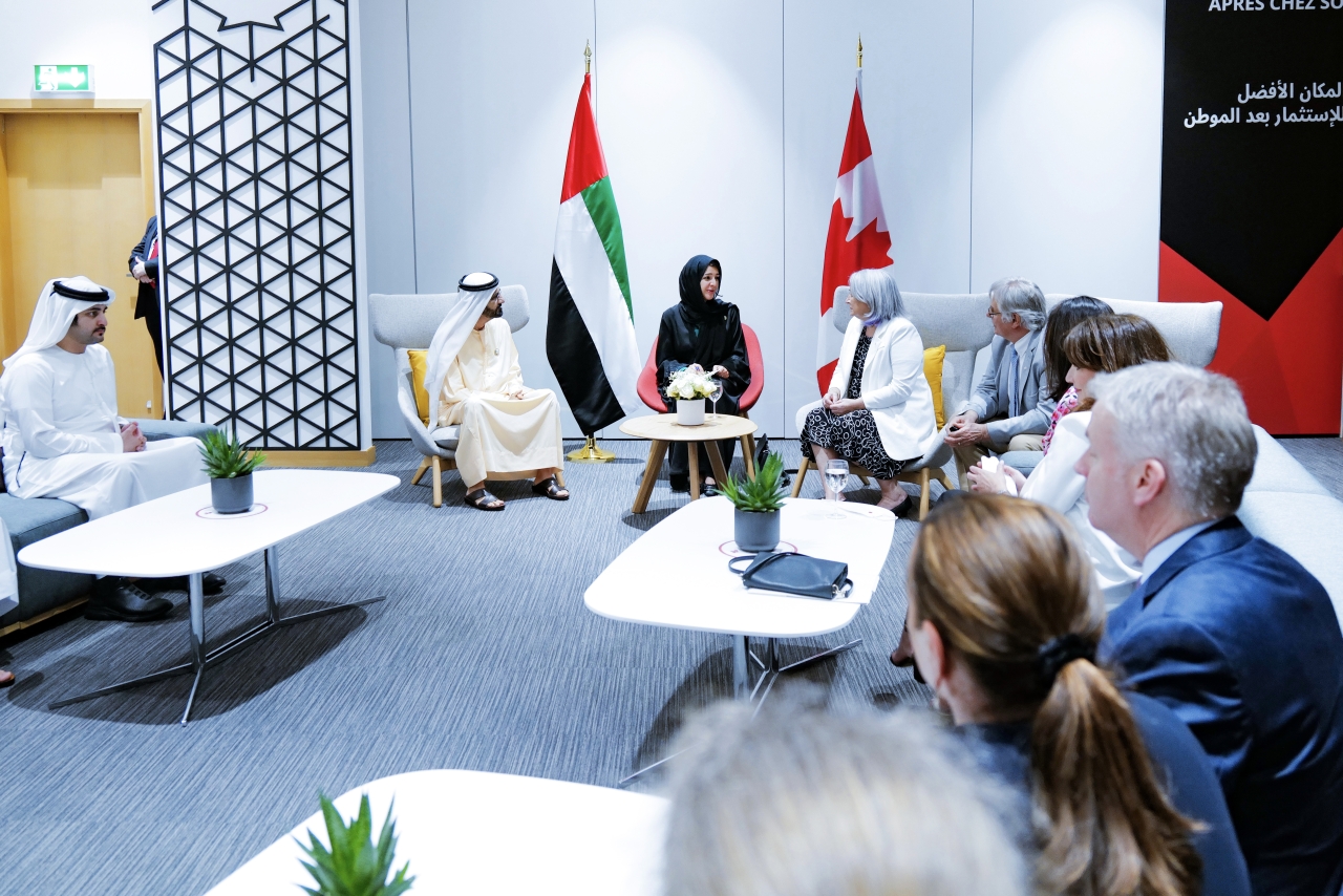 الصورة : محمد بن راشد خلال استقبال حاكم عام كندا بحضور مكتوم بن محمد وريم الهاشمي