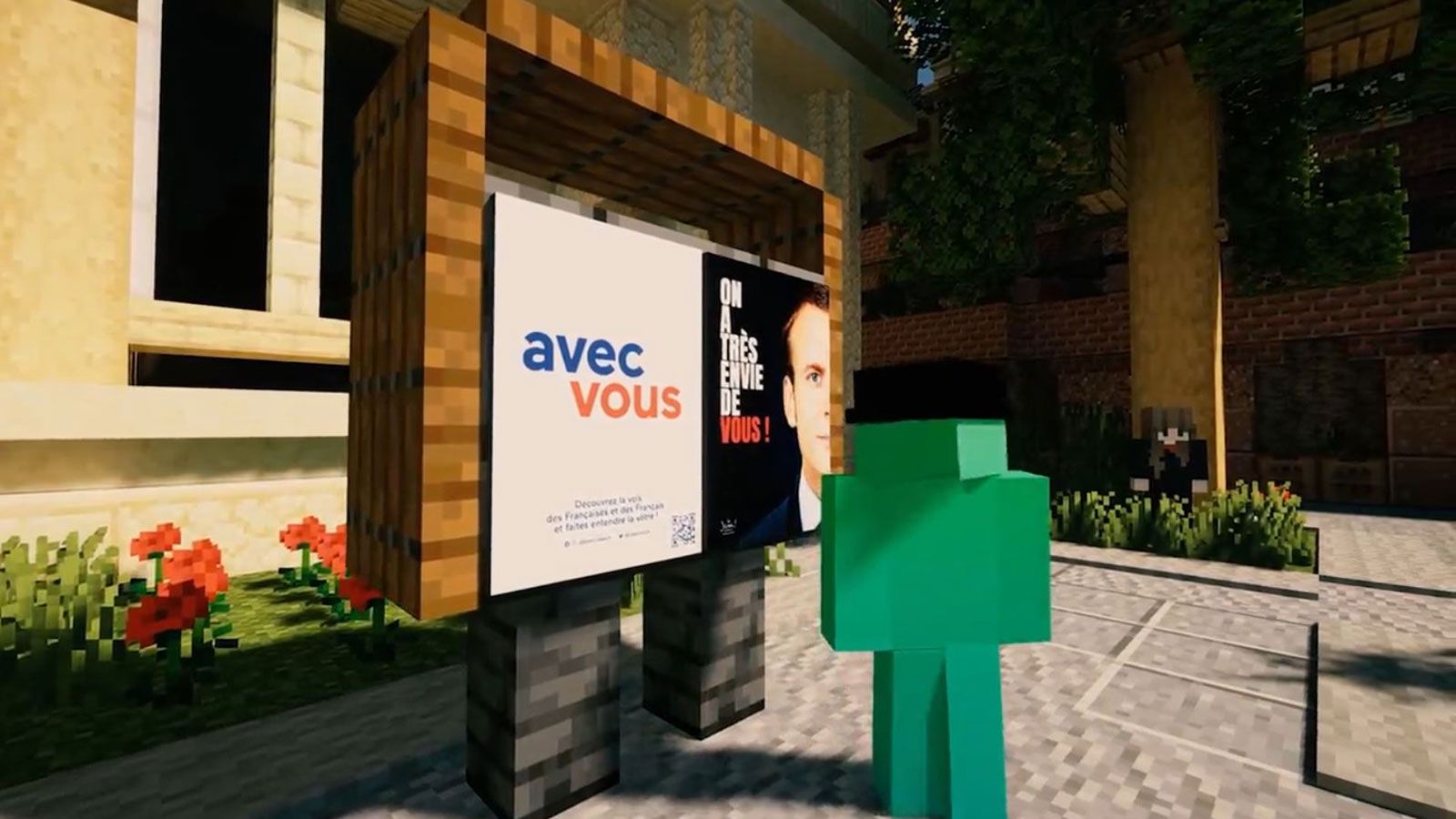 Macron dans le célèbre jeu vidéo « Minecraft » pour continuer sa campagne électorale.