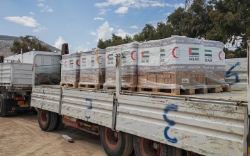 الصورة: الصورة: بلغت كمية المساعدات 850 طناً.. فريق الهلال الأحمر يواصل جهوده الإغاثية في درنة الليبية