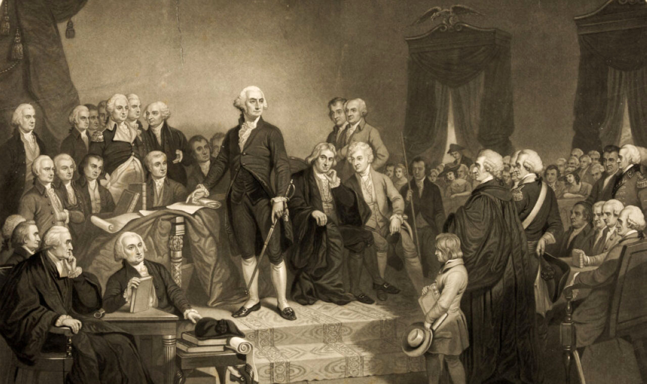 الصورة : 1789  أول جلسة مكتملة النصاب لمجلس النواب الأمريكي، وانتخاب فردريك ‌برك متحدثاً باسمه.