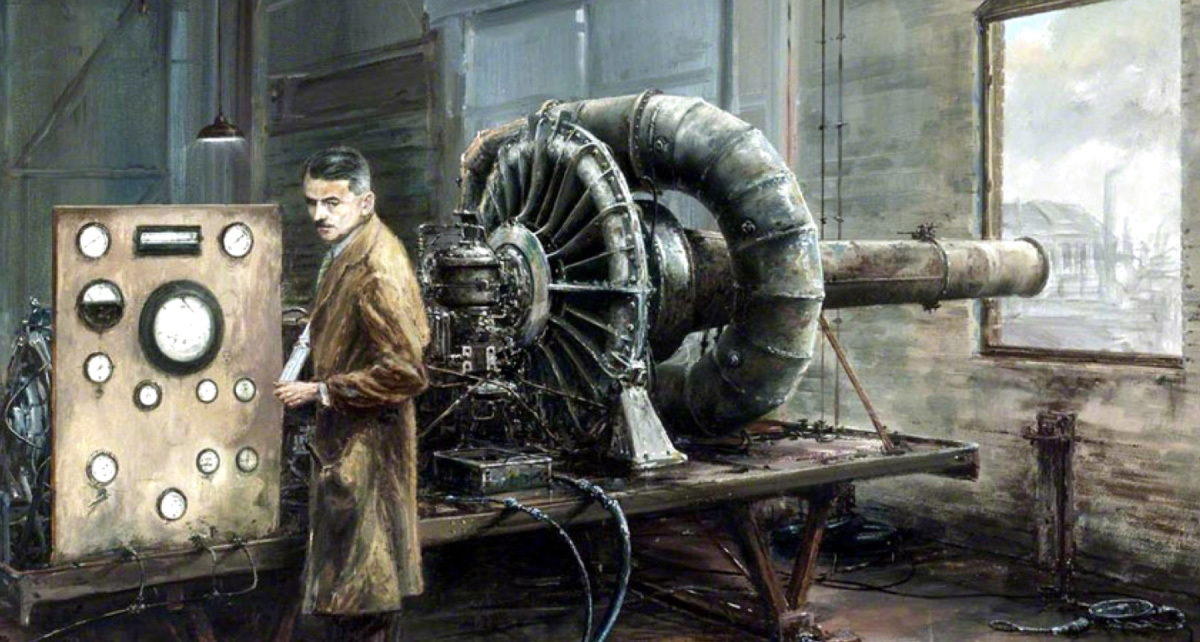 الصورة : 1937 السير فرانك ويتل يختبر أول محرك نفاث مصمم لطائرة في مدينة رجبي بإنجلترا.