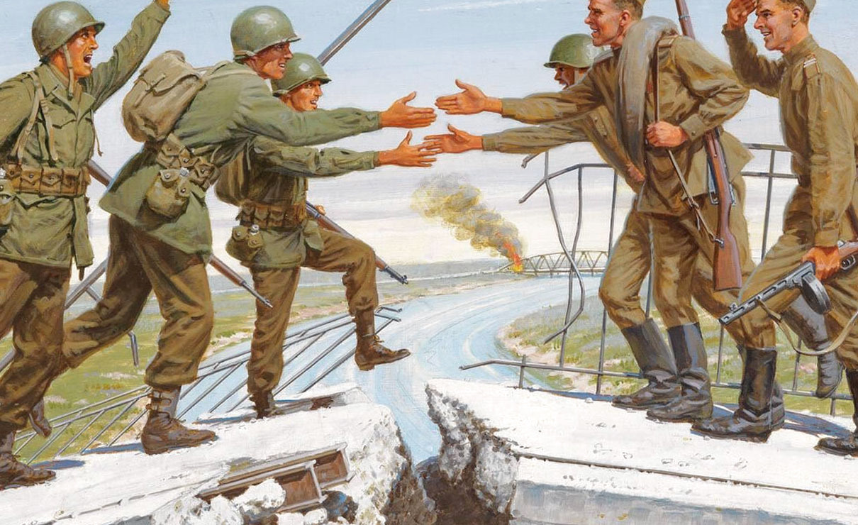الصورة : 1945 لقاء القوات السوفييتية والأمريكية على نهر إلبه، مهد لوضع نهاية للحرب العالمية الثانية في أوروبا.
