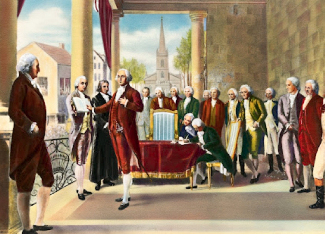 الصورة : 1789 جورج واشنطن يقسم اليمين أولَ رئيس للولايات المتحدة الأمريكية في نيويورك.